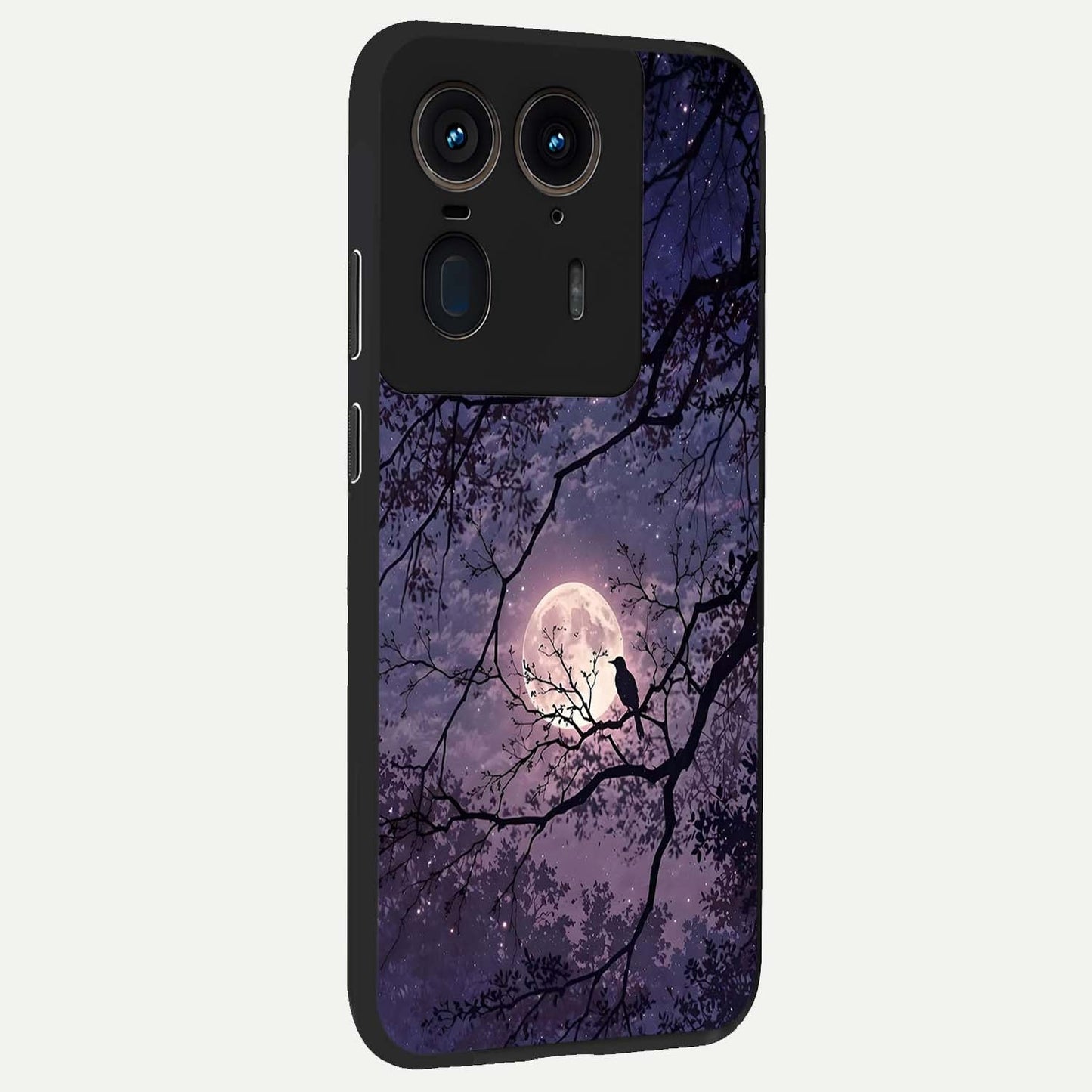 Whispering Moon Silence Glass Case upright view showcasing peaceful moon artwork with tranquil celestial theme.