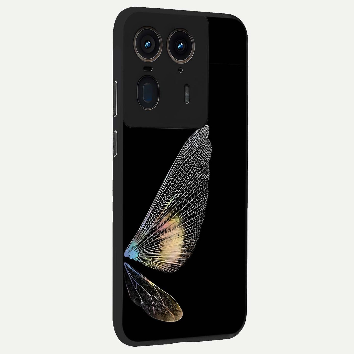 Whispers Of Wings Glass Case upright view showcasing elegant wing artwork with light airy theme.