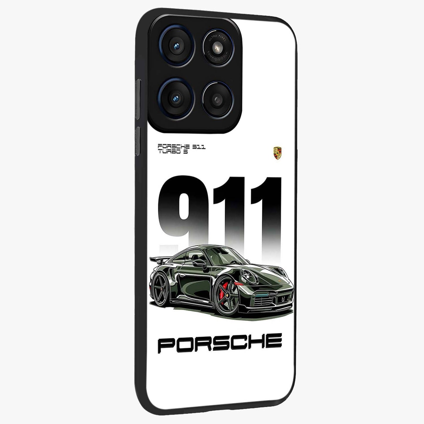 911 Turbo Dominance Glass Case upright perspective showcasing powerful racing design and modern automotive aesthetic.