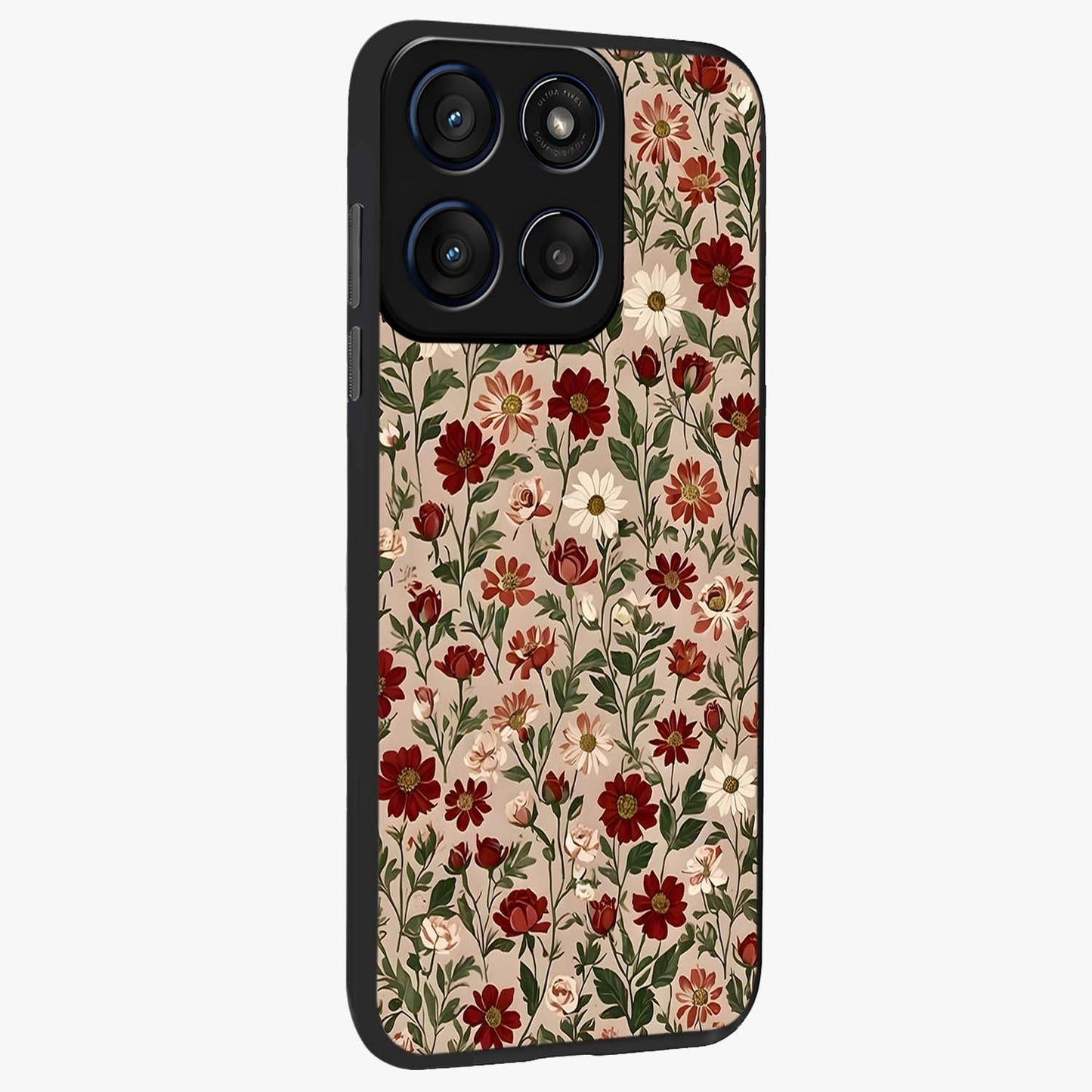 Biege Flower With Leaf Glass Case upright view showcasing delicate beige flower illustration with clean botanical style.