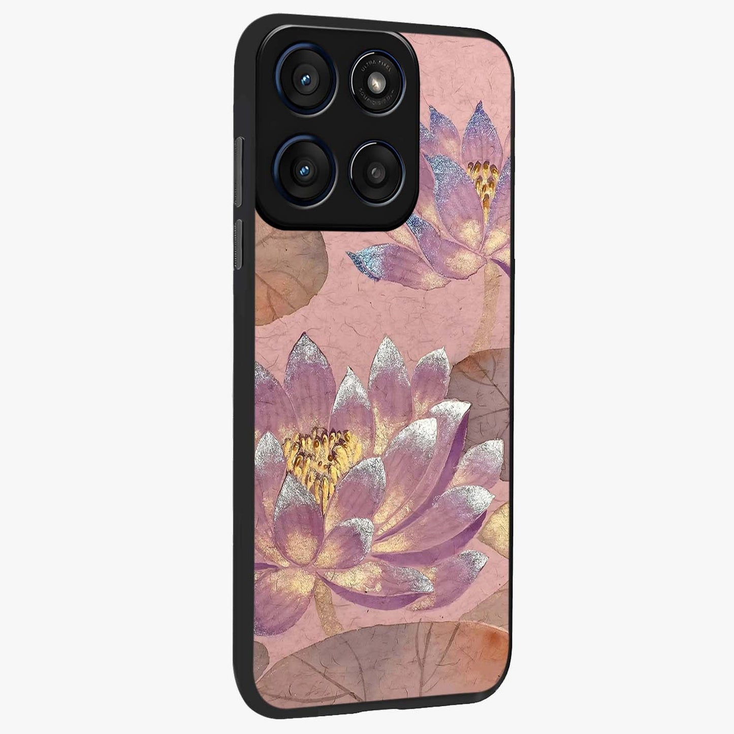 Blossom Mist Lotus Glass Case upright view showcasing graceful lotus flower design with peaceful botanical style.