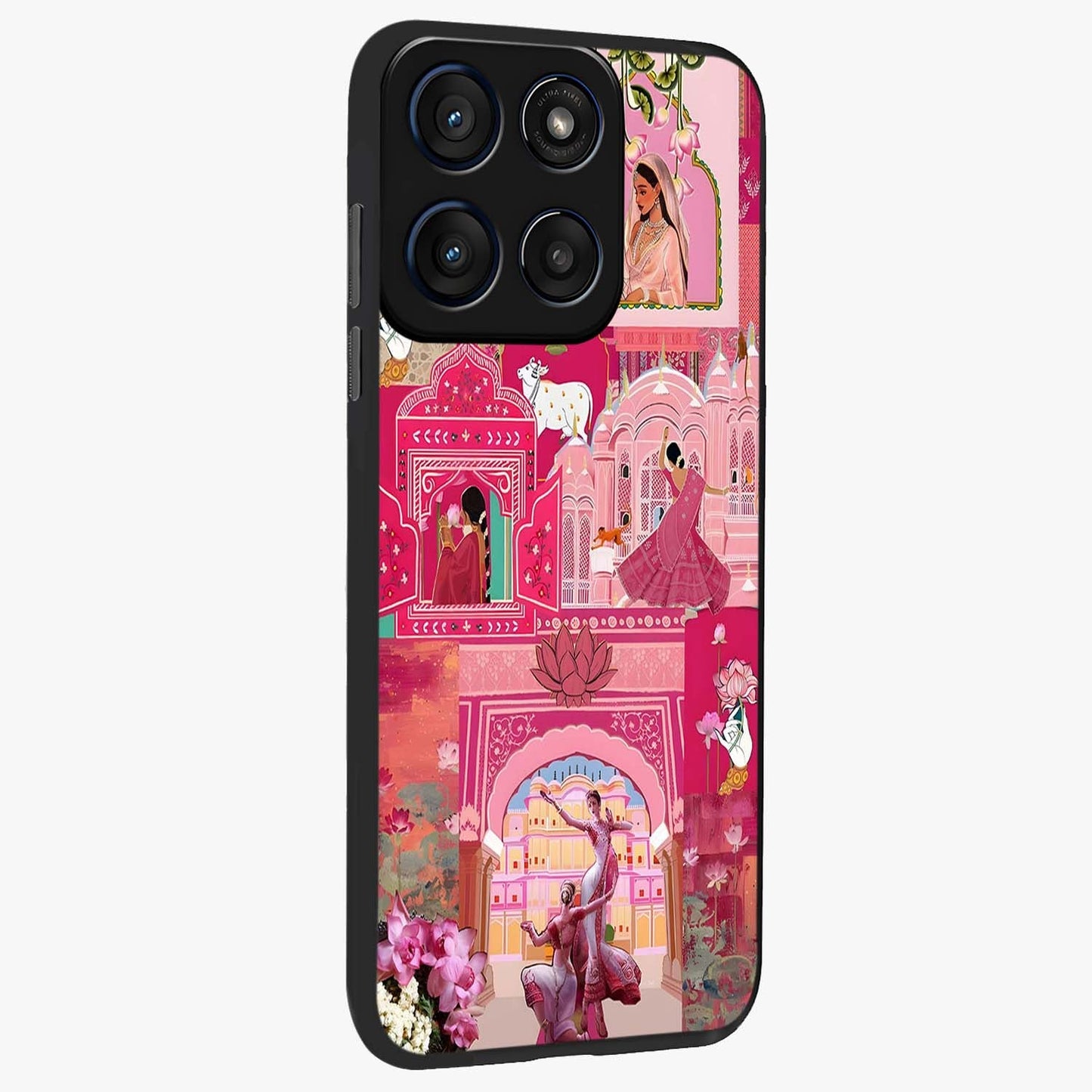 Blossoms of Rajasthan Glass Case upright view showcasing colorful floral design inspired by traditional Indian art.