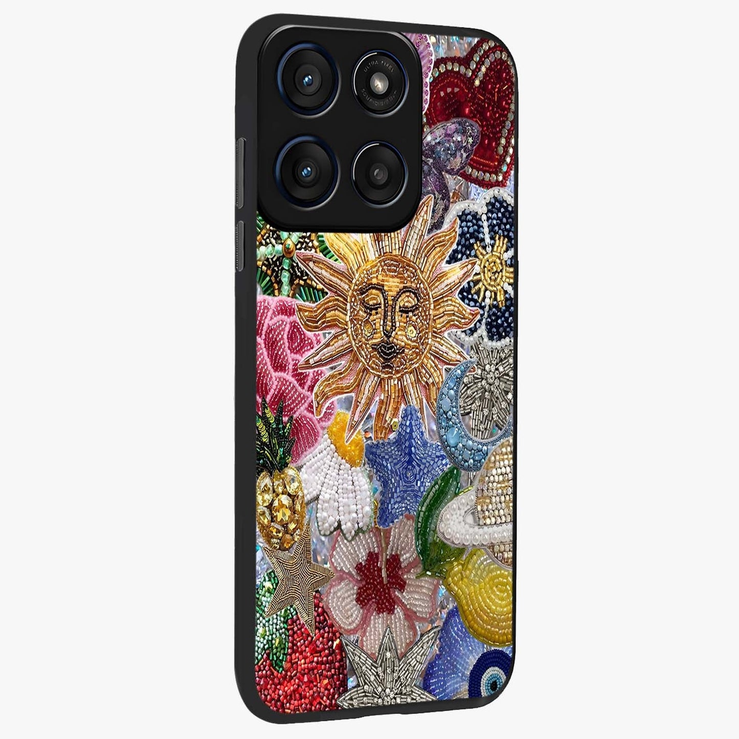 Celestial Floral and Playful Glass Case upright view showcasing whimsical floral artwork with cosmic aesthetic theme.