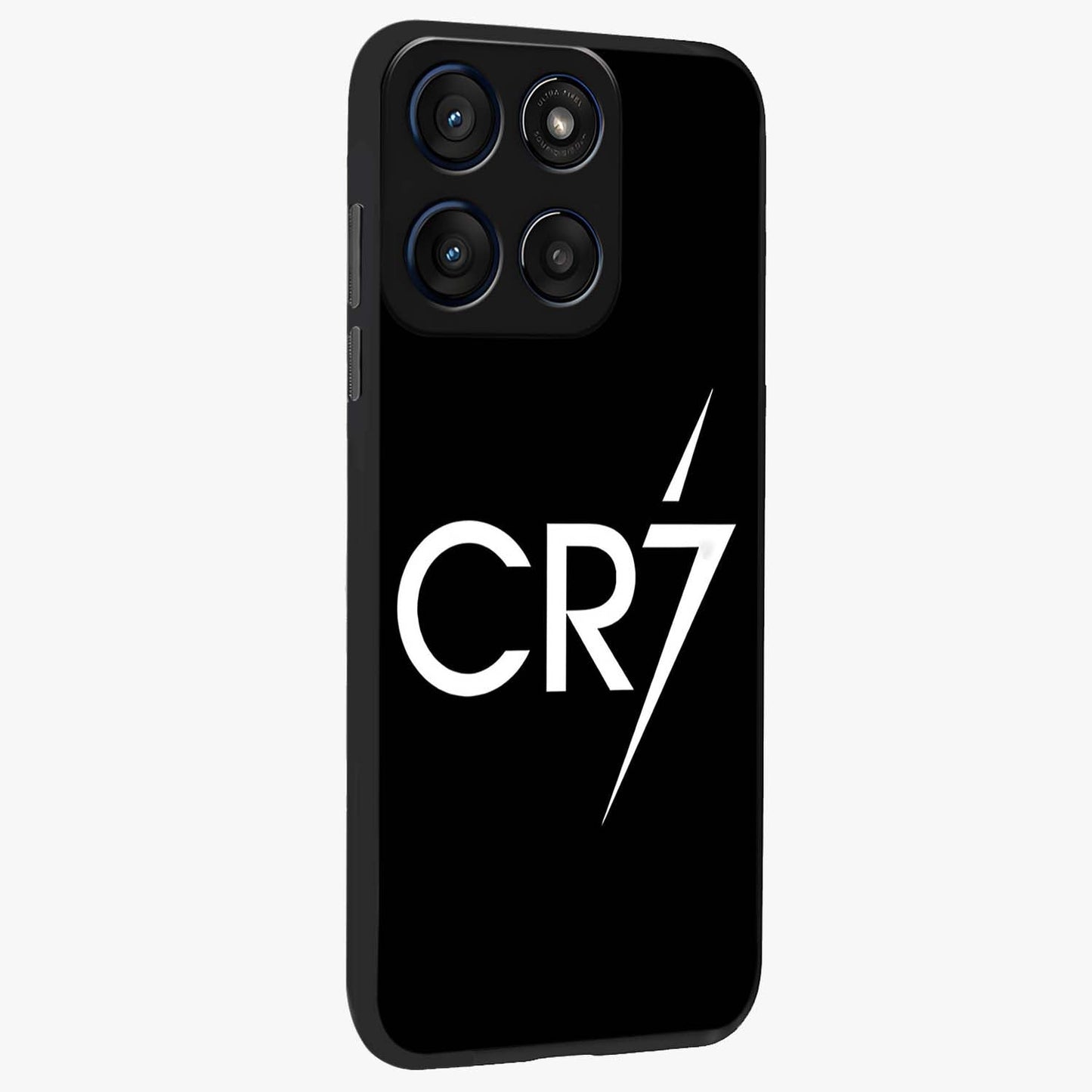Cr7 Elite Strike Glass Case upright view showcasing energetic football inspired design with modern sports aesthetic.
