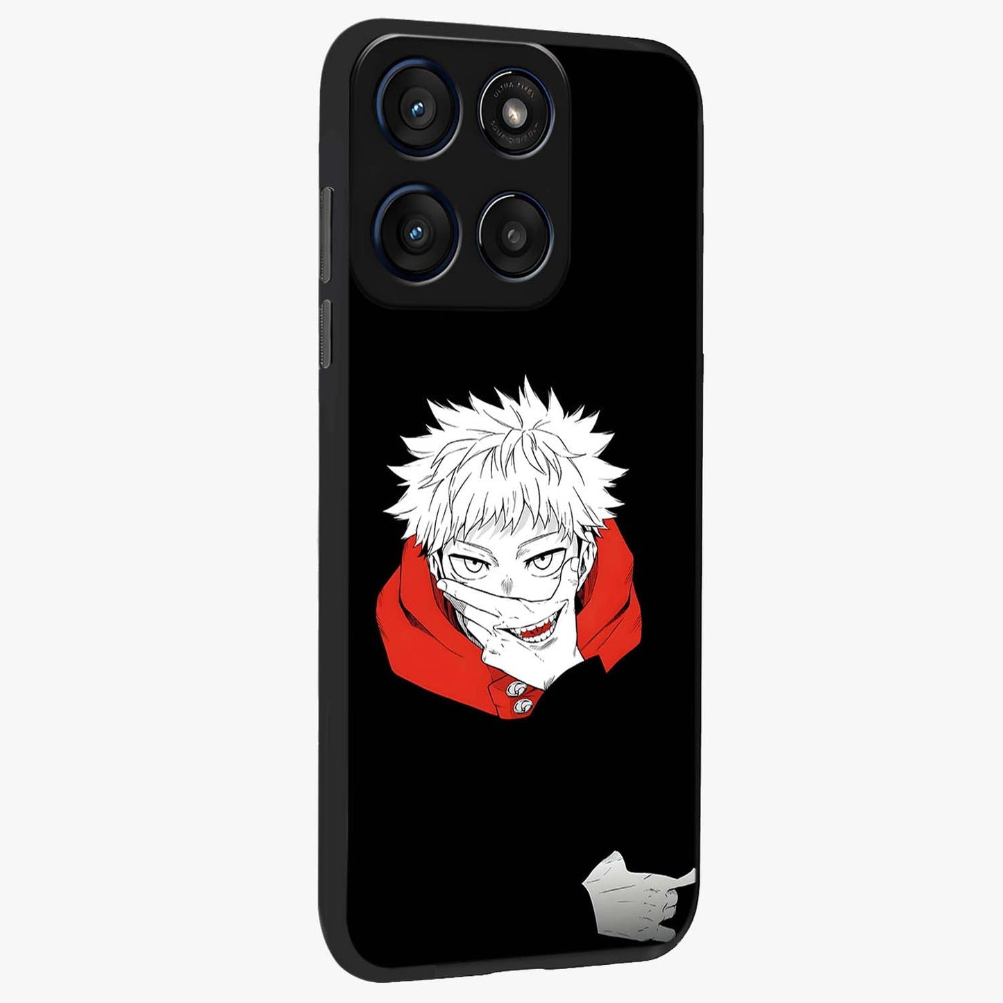 Crimson Chaos Smile Glass Case upright view showcasing expressive chaotic artwork with striking visual theme.