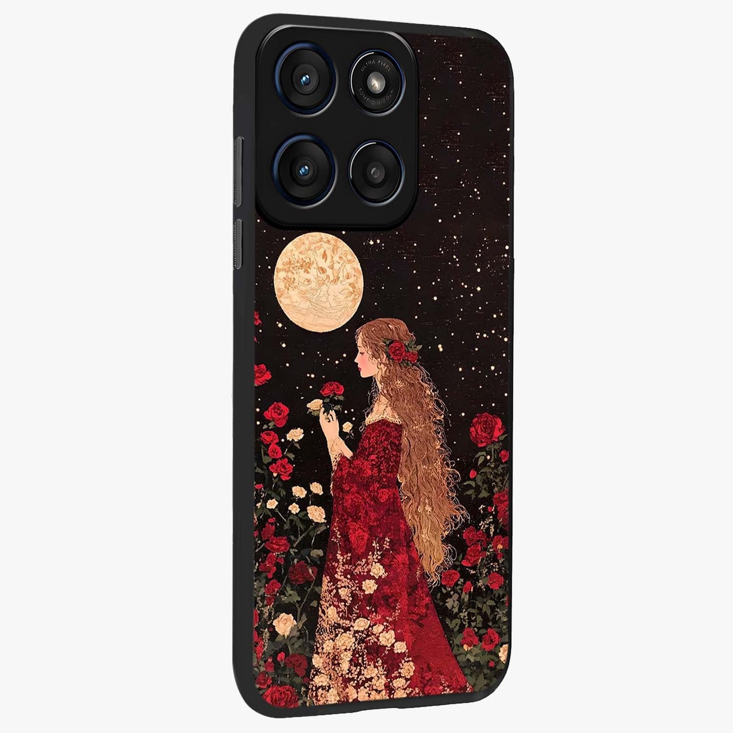Crimson Dreams Glass Case upright view showcasing dreamy red toned artwork with modern aesthetic style.