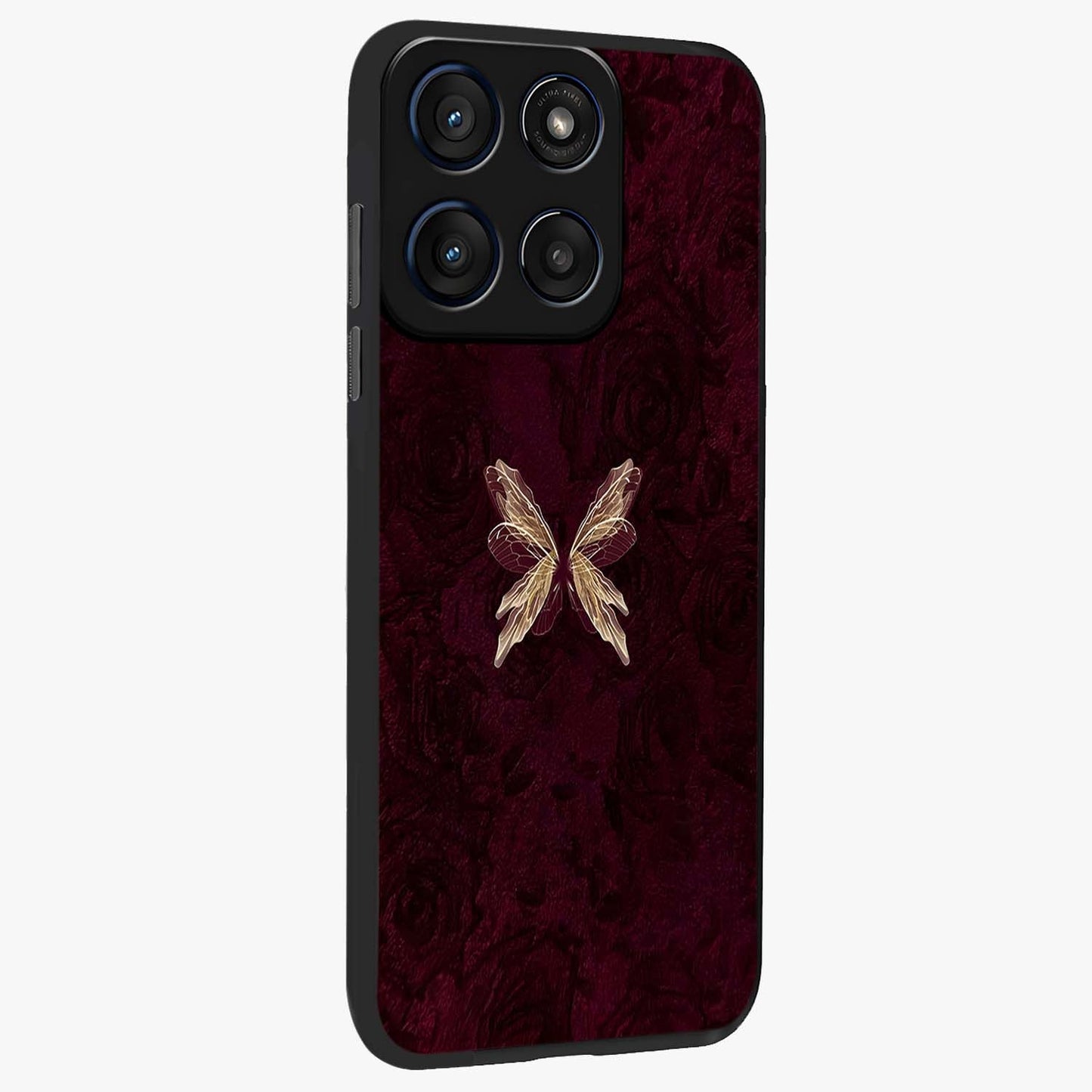 Crimson Fade Butterfly Glass Case upright view showcasing graceful butterfly artwork with soft crimson fade effect.