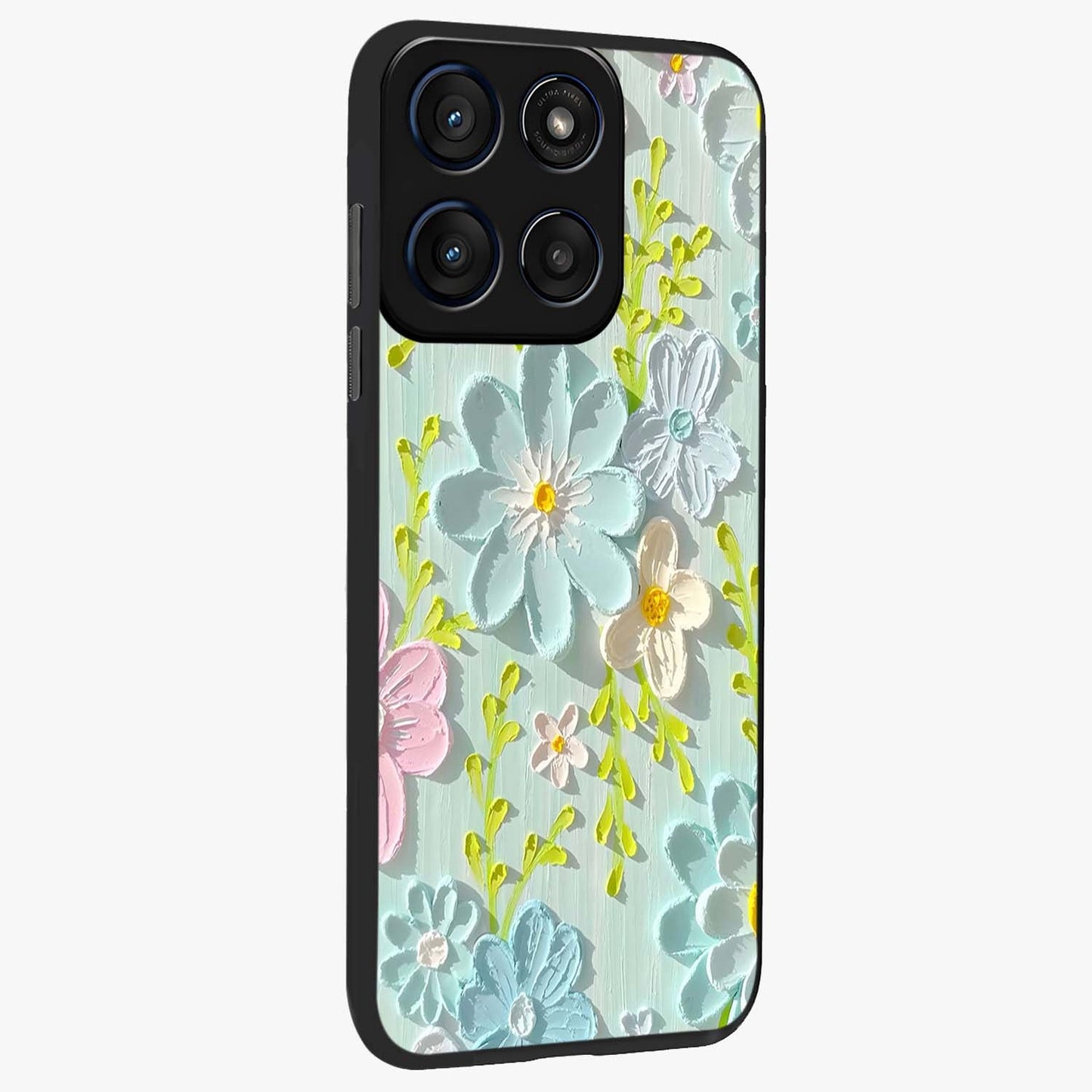Frosted Petal Garden Glass Case upright view showcasing elegant floral garden artwork with soothing pastel theme.