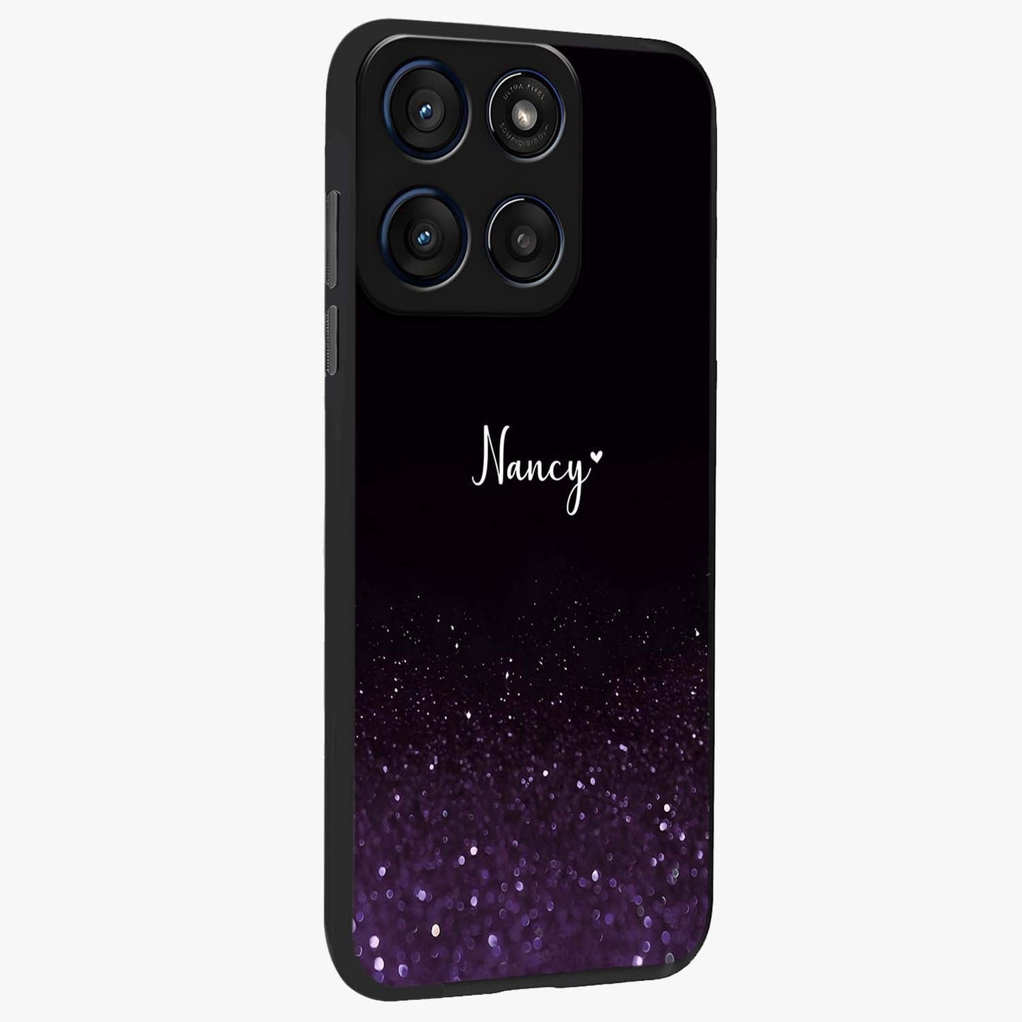 Glittery Purple Bokeh Custom Name Glass Case upright view showcasing vibrant purple sparkle artwork with personalized aesthetic style.