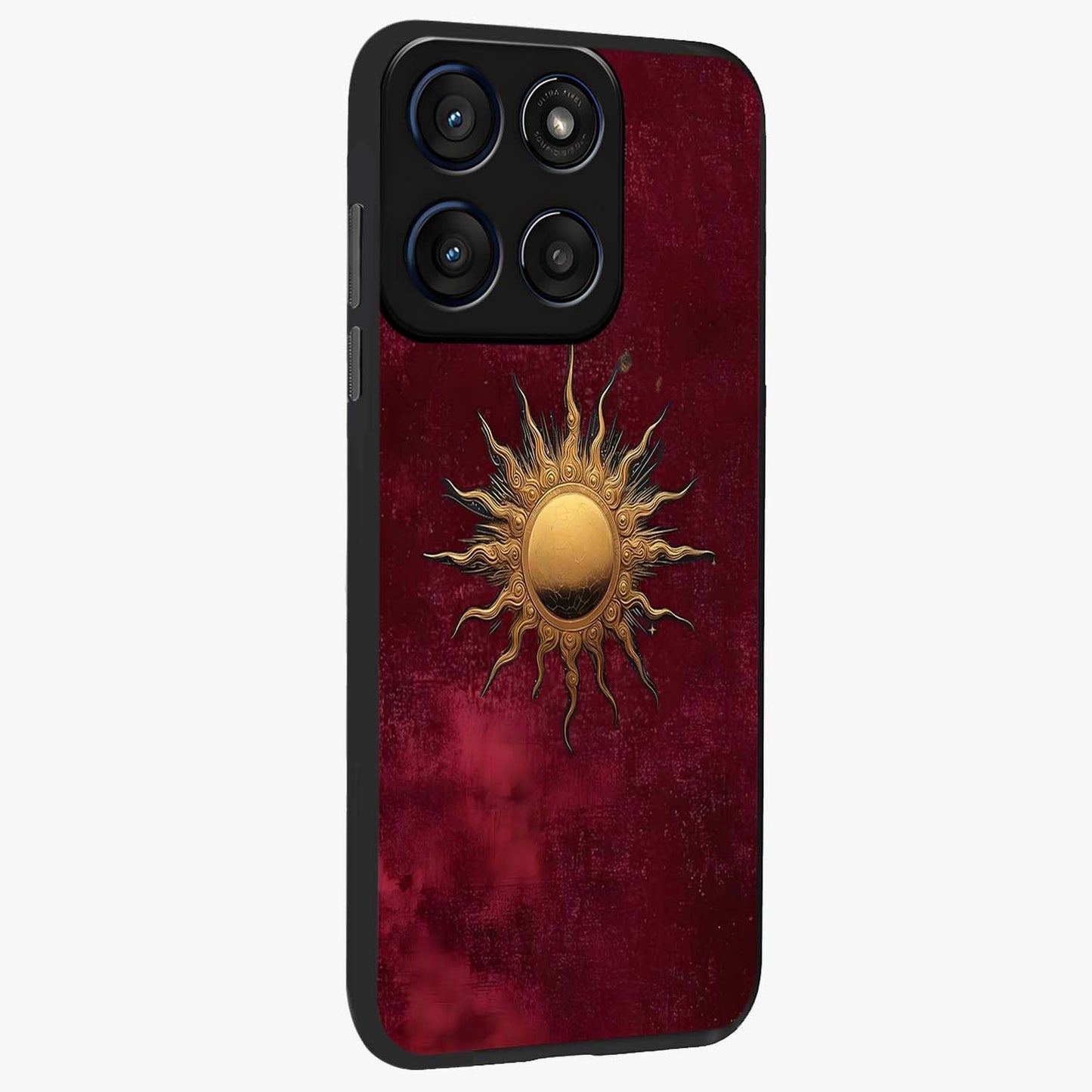 Golden Sun Minimalism Glass Case upright view showcasing simple golden sun artwork with elegant minimalist style.