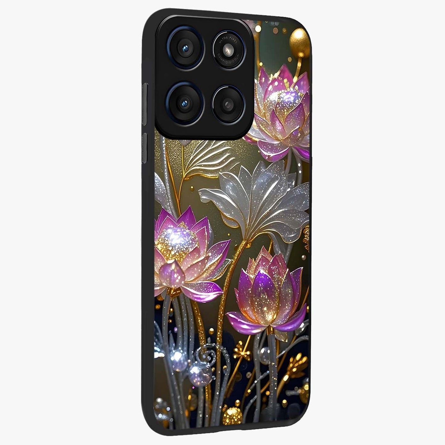 Golden Floral Majesty Glass Case upright view showcasing majestic floral artwork with rich decorative theme.