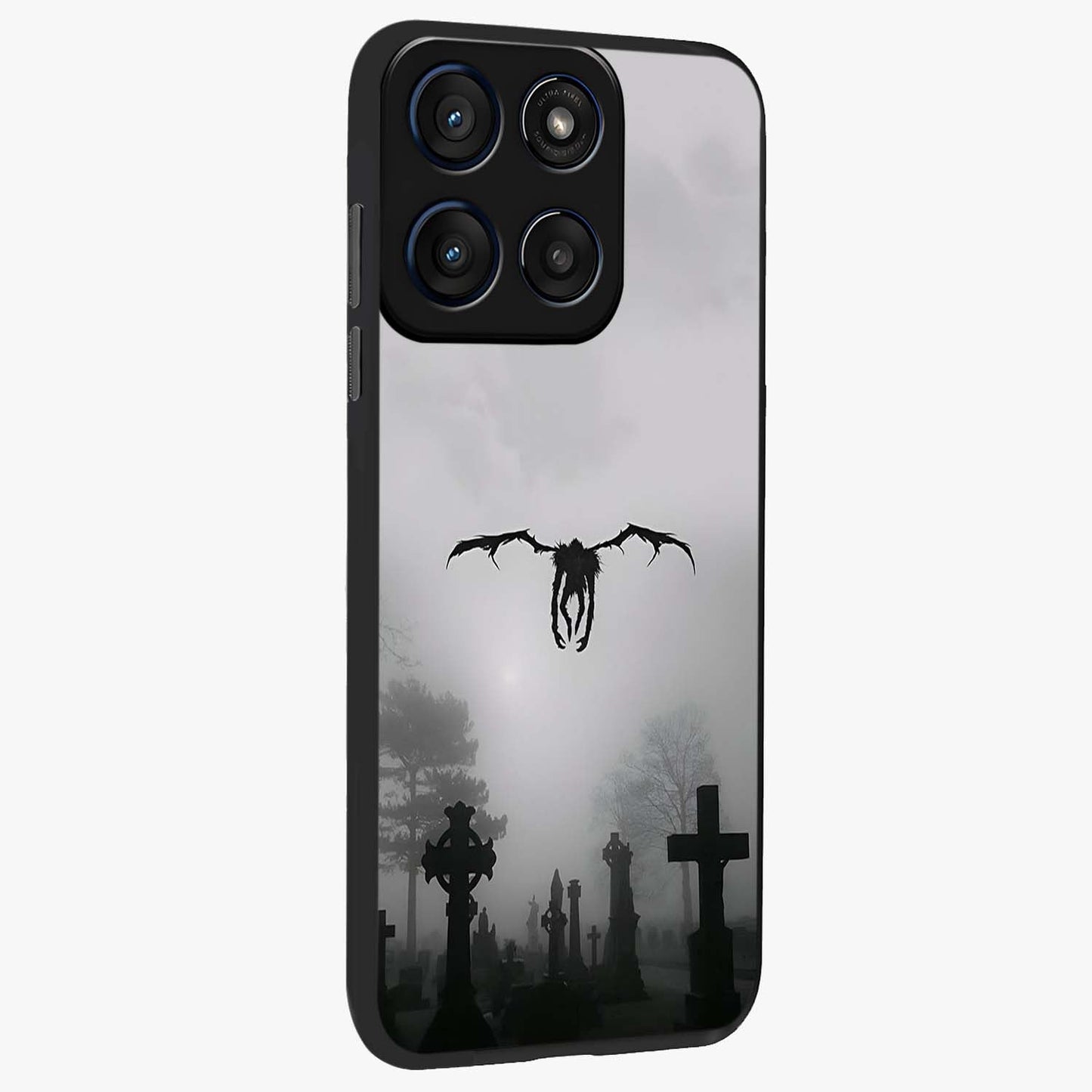 Graveyard Shadow Descent Glass Case upright view showcasing haunting graveyard artwork with dramatic dark theme.