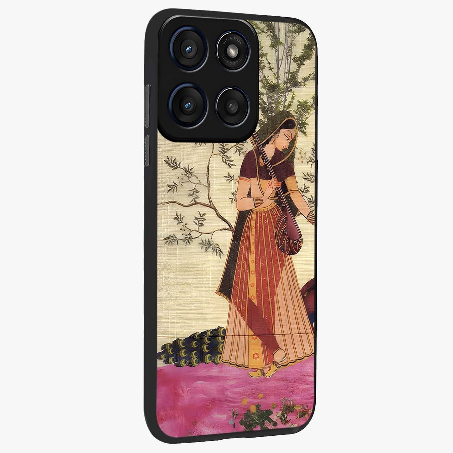 Lady With Veena Art Glass Case upright view showcasing classical veena artwork with traditional artistic theme.
