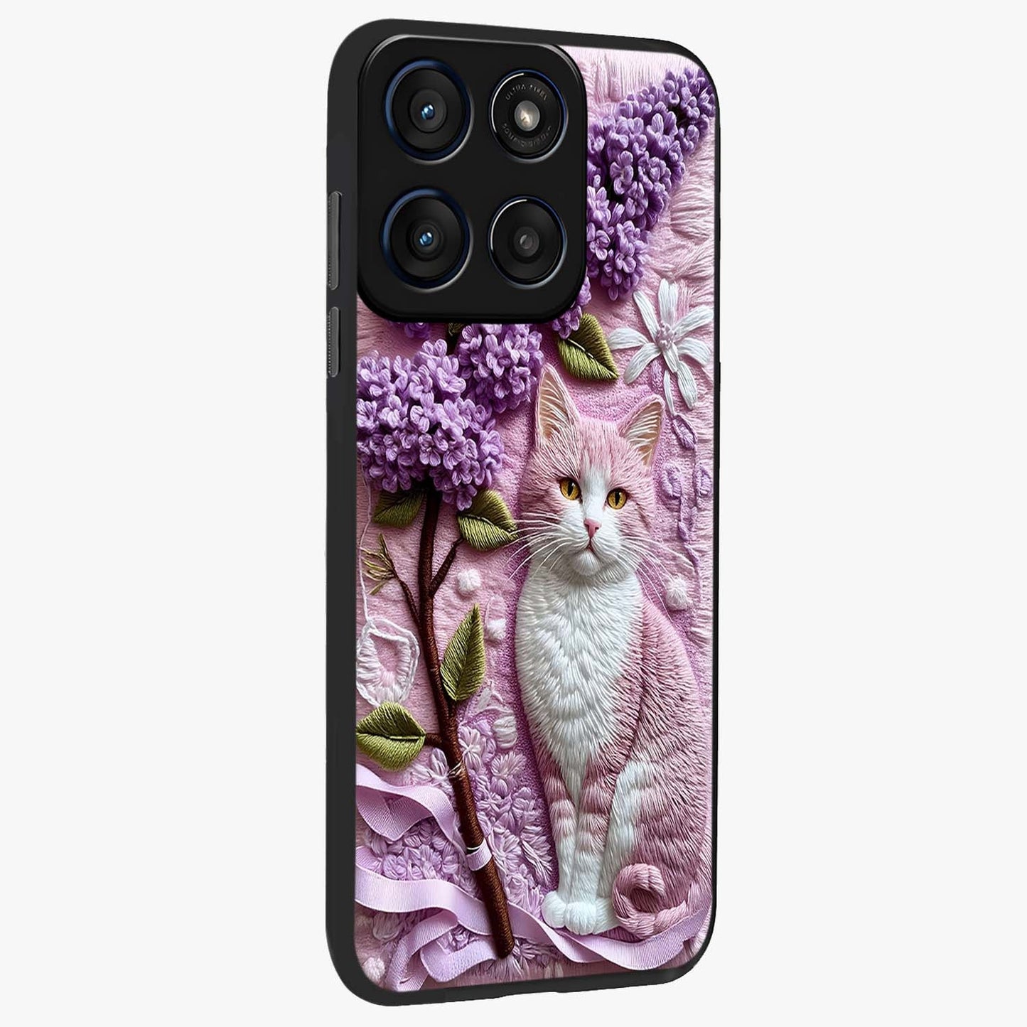 Lavender Cat Whimsy Glass Case upright view showcasing charming cat artwork with whimsical lavender theme.