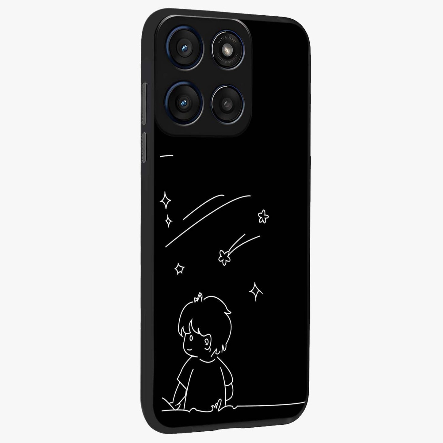 Line Art Boy With Shooting Stars Glass Case upright view showcasing artistic shooting star illustration with minimal style.