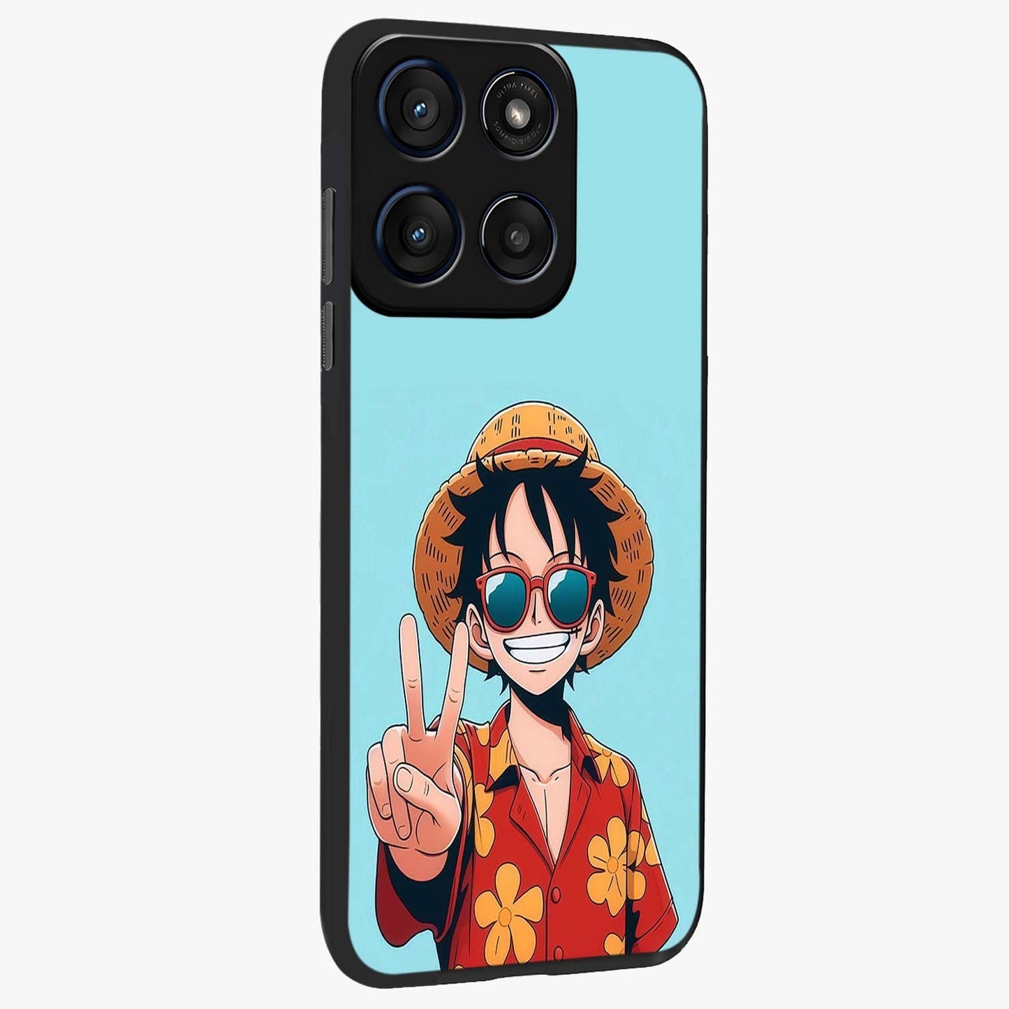 Luffy Summer Anime Vibe Glass Case upright view showcasing dynamic anime artwork with bright adventurous theme.