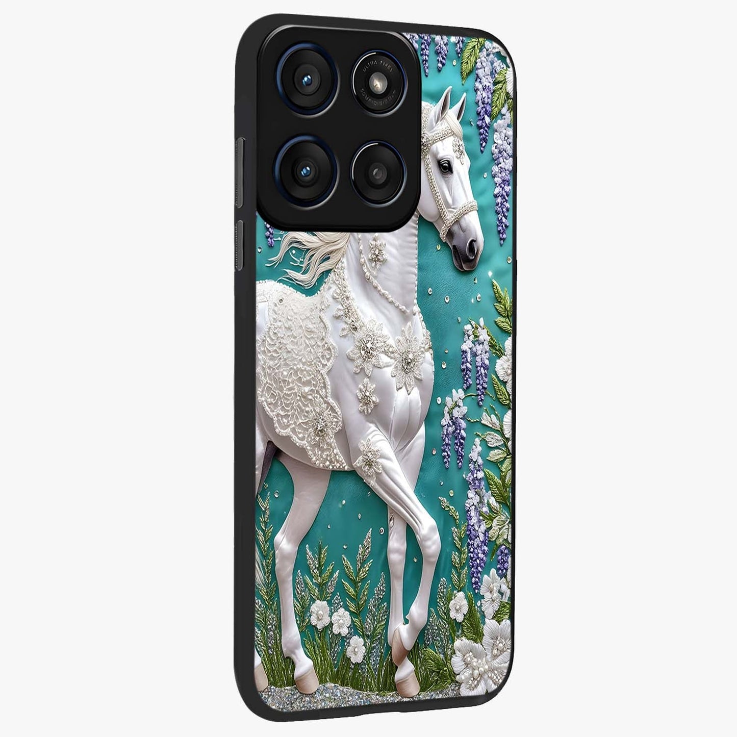 Majestic Floral Stallion Glass Case upright view showcasing dramatic horse artwork with decorative floral theme.