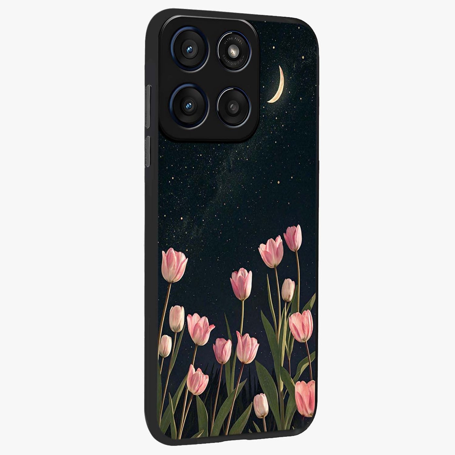 Midnight Tulip Whispers Vibe Glass Case upright view showcasing graceful tulip artwork with calm botanical theme.