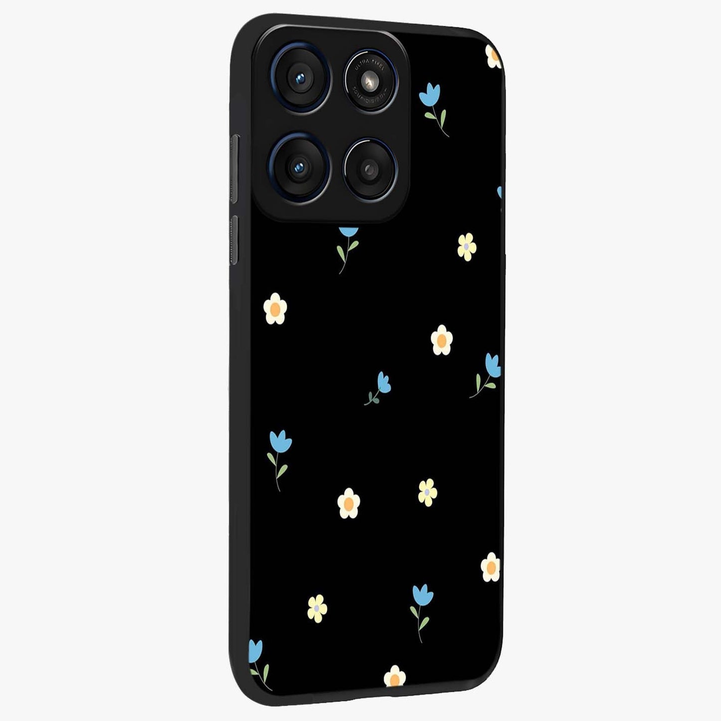 Minimal Petal Whispers Glass Case upright view showcasing elegant floral artwork with modern minimalist style.
