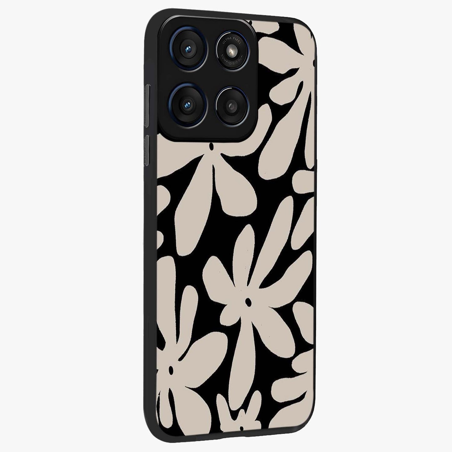 Monochrome Petal Dance Glass Case upright view showcasing artistic floral pattern with stylish monochrome theme.