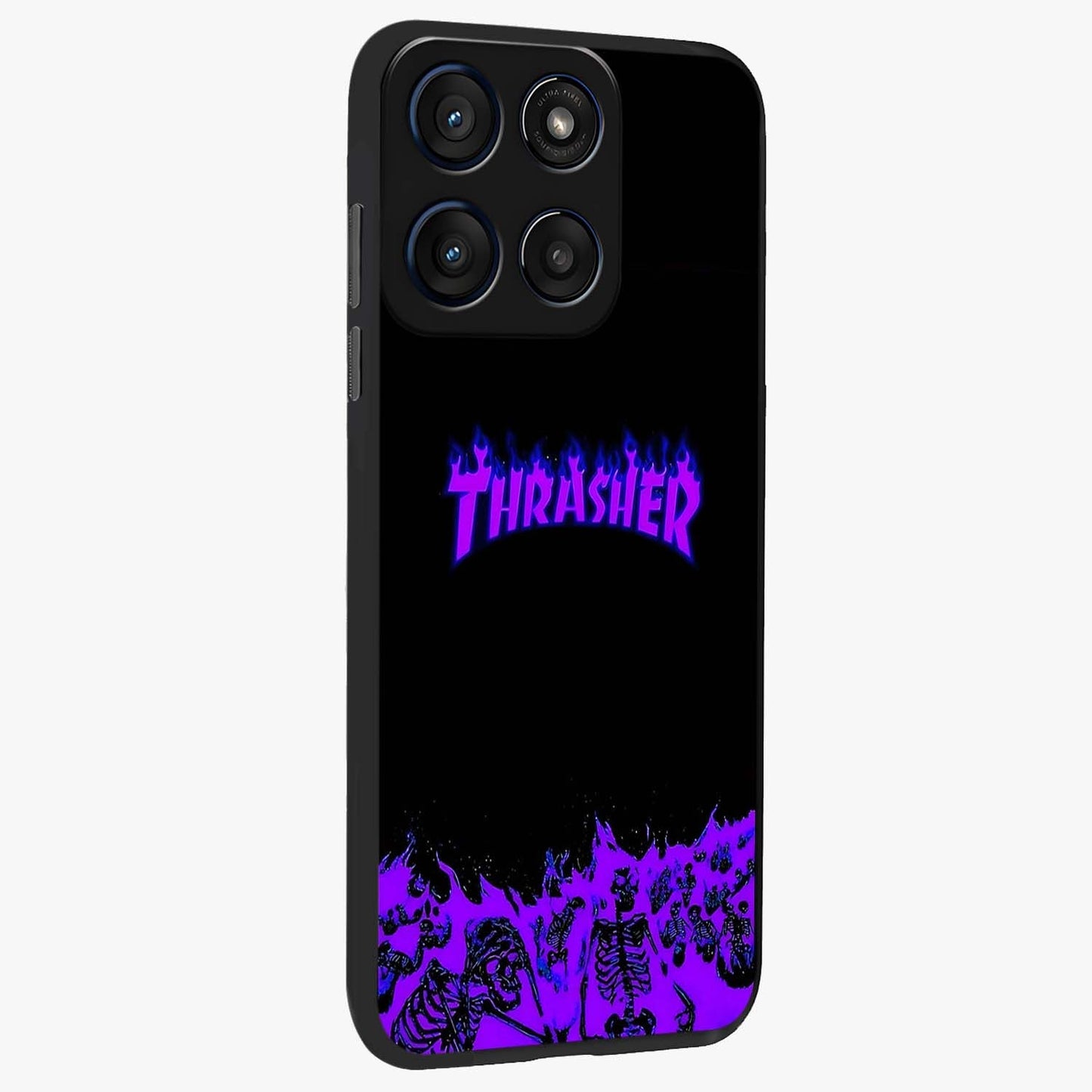 Neon Flame Riot Glass Case upright view showcasing dynamic flame artwork with energetic neon theme.