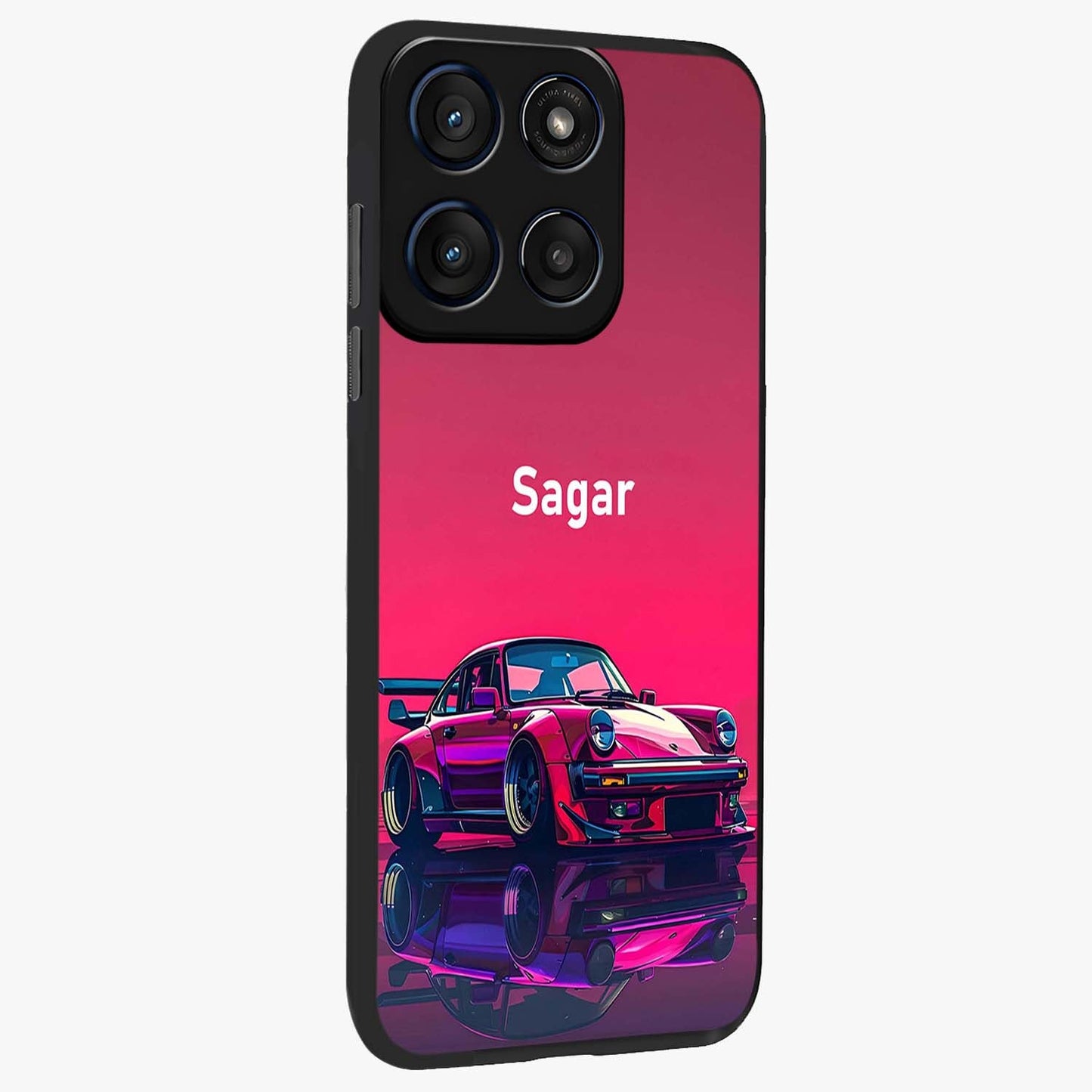 Neon Pink Porsche Glass Case upright view showcasing vibrant sports car artwork with bold automotive theme.