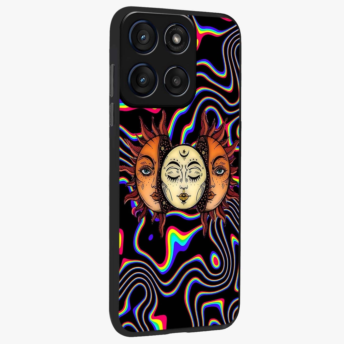 Psychedelic Sun Glass Case upright view showcasing trippy sun artwork with bold psychedelic theme.