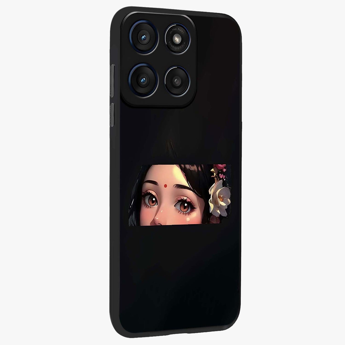 Radha Divine Embrace Glass Case upright view showcasing sacred Radha themed artwork with peaceful devotional style.