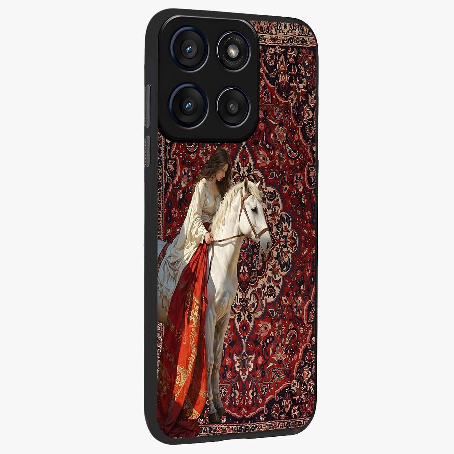 Royal Rider Tapestry Glass Case upright view showcasing detailed rider artwork with classic tapestry theme.