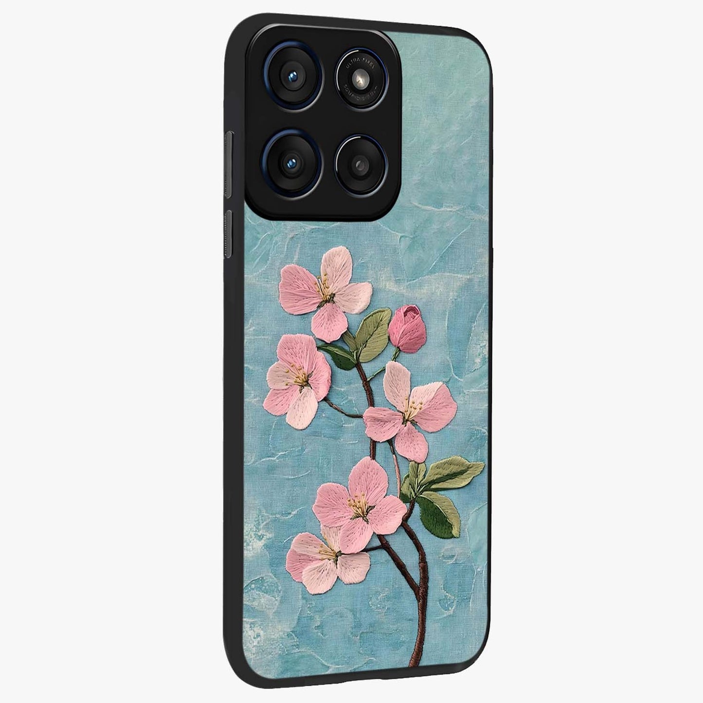 Threaded Blossom Breeze Glass Case upright view showcasing graceful flower artwork with calm botanical theme.
