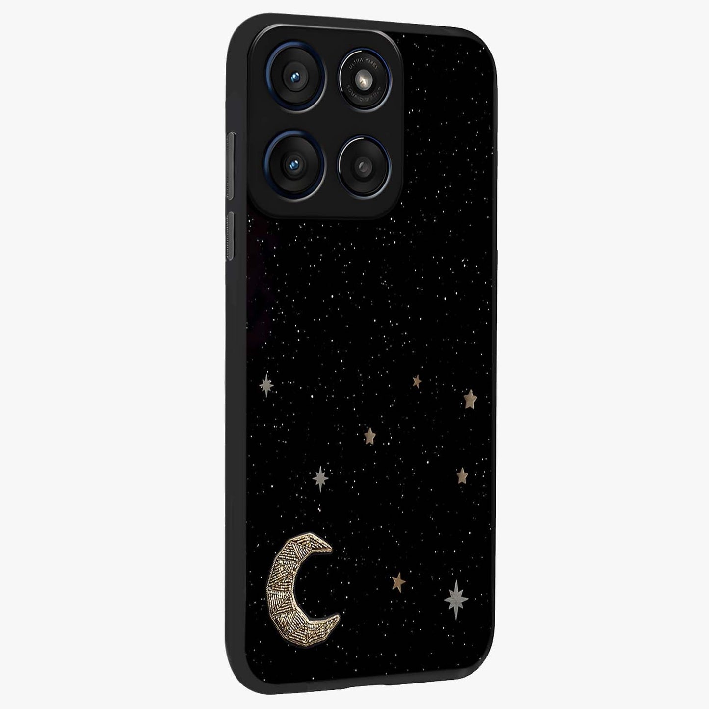 Twinkle Star With Half Moon Glass Case upright view showcasing glowing cosmic artwork with dreamy night theme.