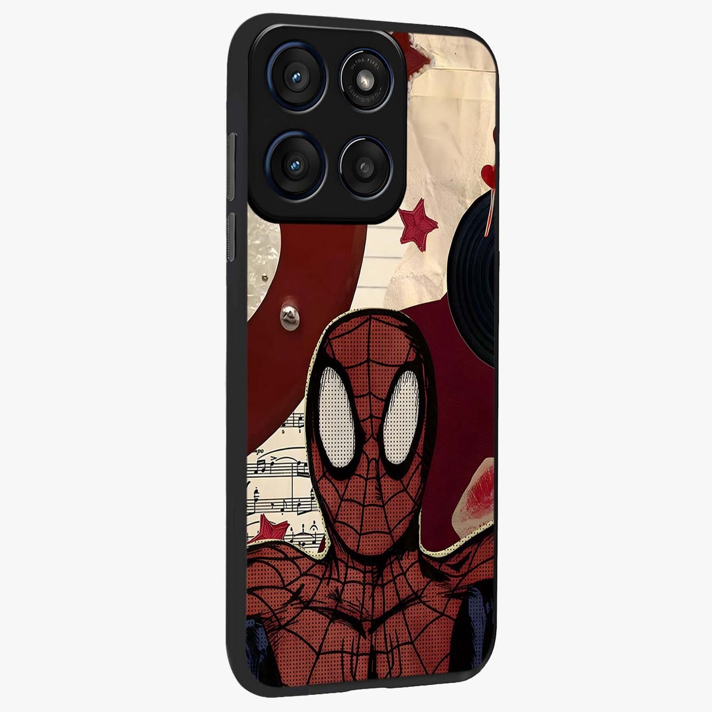 Web Warrior Vibes Glass Case upright view showcasing energetic superhero artwork with bold action theme.
