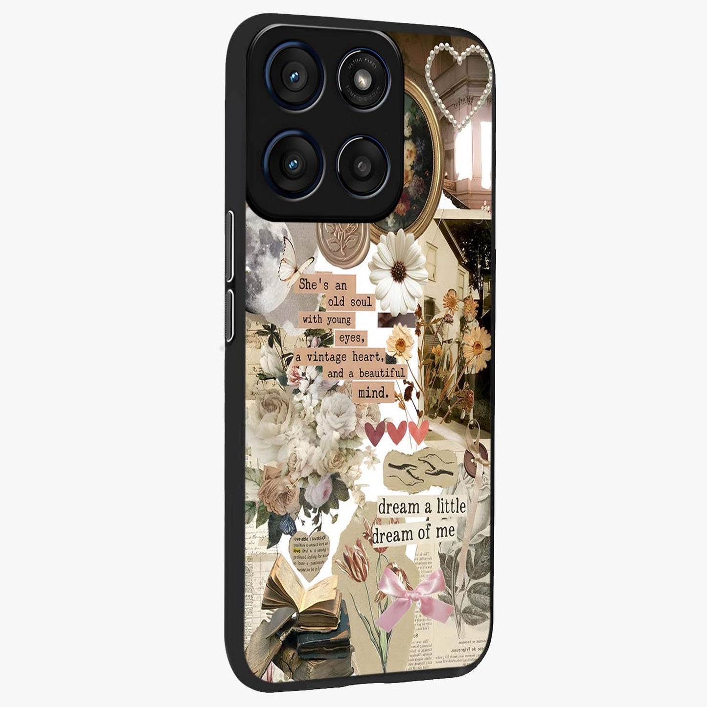 Aesthetic Brown Vintage Collage Glass Case upright view showcasing nostalgic retro artwork with stylish vintage theme.