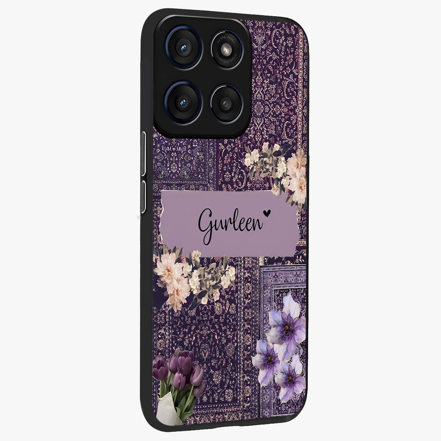 Antique Floral Whisper Custom Name Glass Case upright view showcasing delicate floral artwork with custom name feature.