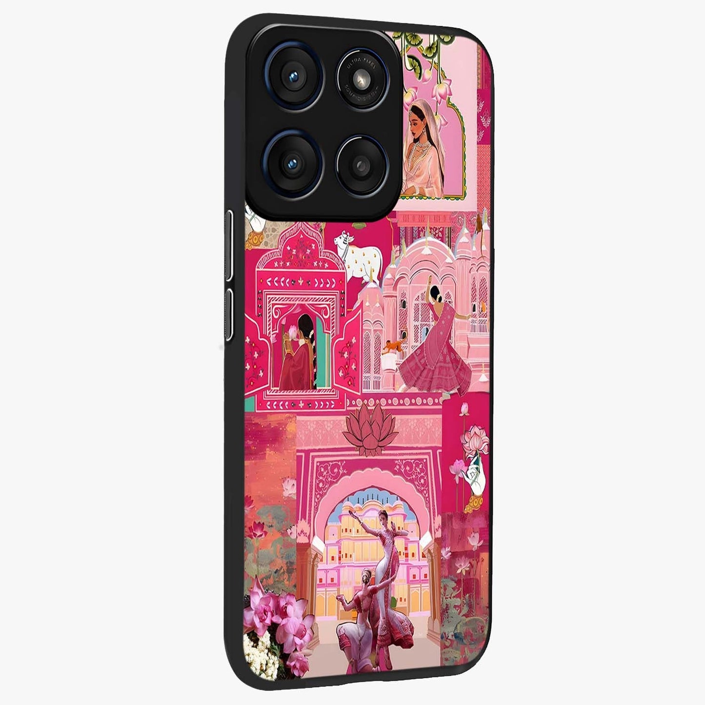 Blossoms of Rajasthan Glass Case upright view showcasing colorful floral design inspired by traditional Indian art.