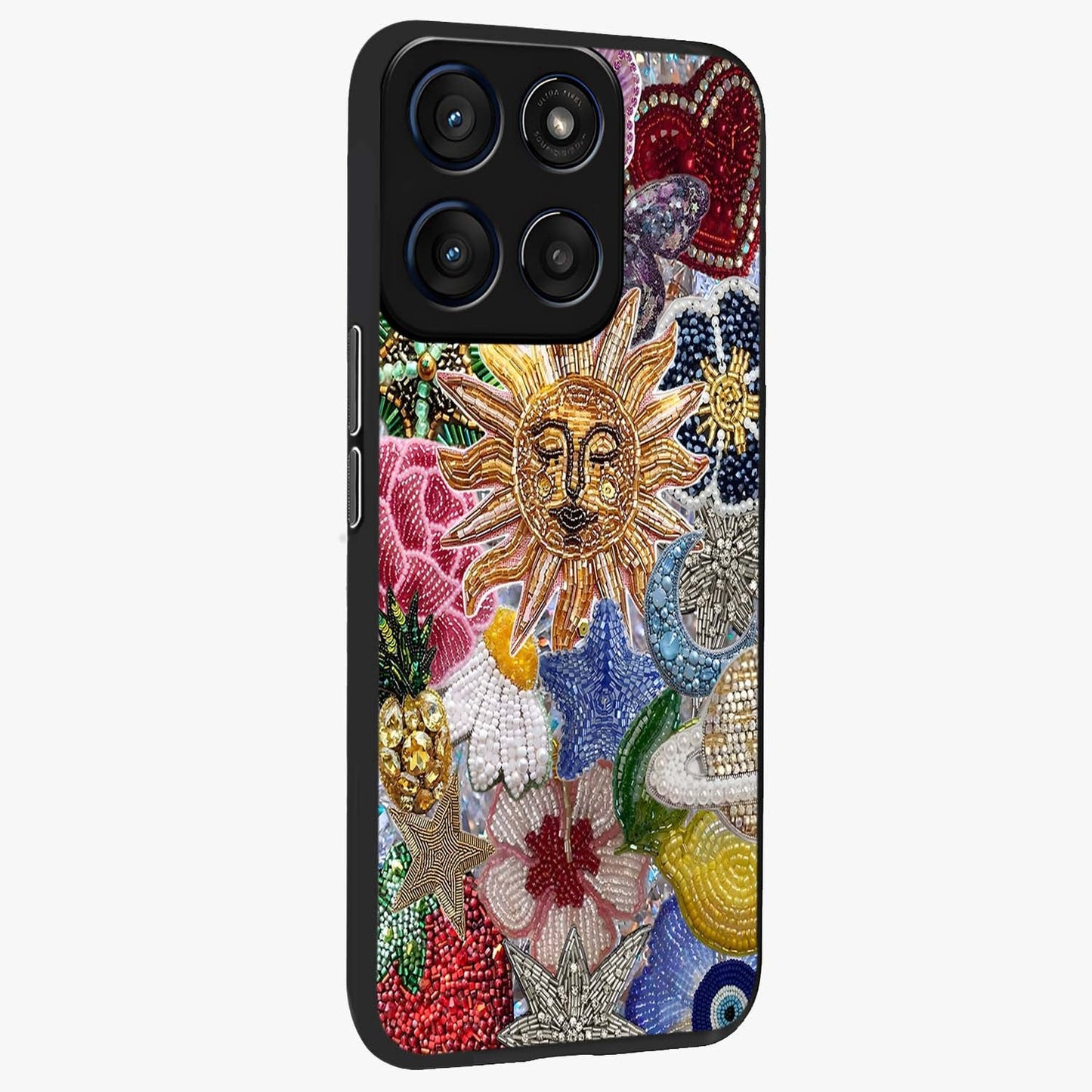 Celestial Floral and Playful Glass Case upright view showcasing whimsical floral artwork with cosmic aesthetic theme.