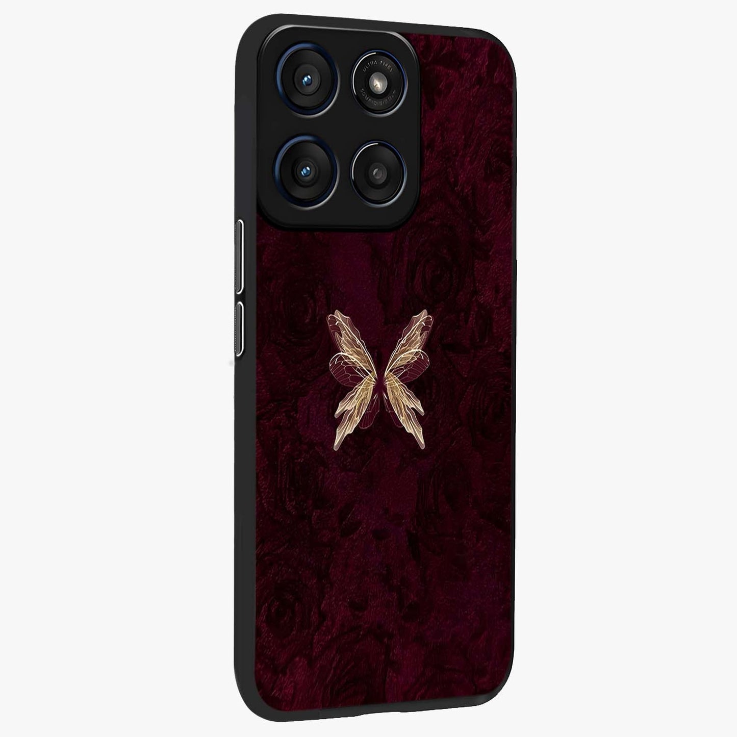 Crimson Fade Butterfly Glass Case upright view showcasing graceful butterfly artwork with soft crimson fade effect.