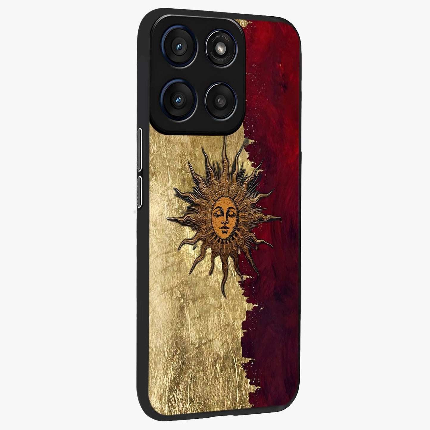 Crimson Sun Majesty Glass Case upright view showcasing vibrant sun artwork with powerful celestial theme.