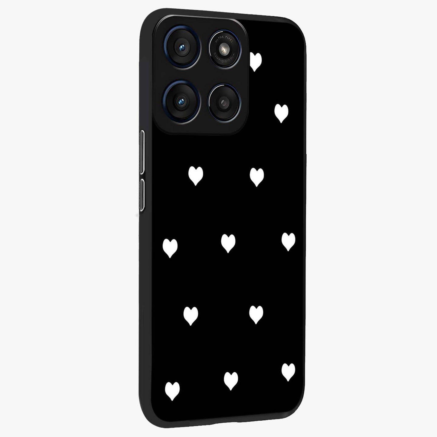 Cute And Simple White Hearts Glass Case upright view showcasing simple white hearts artwork with soft minimal theme.