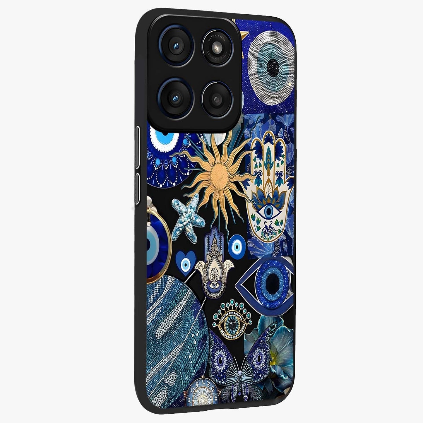 Evil Eye Charm Mix Glass Case upright view showcasing mystical evil eye pattern with vibrant decorative style.