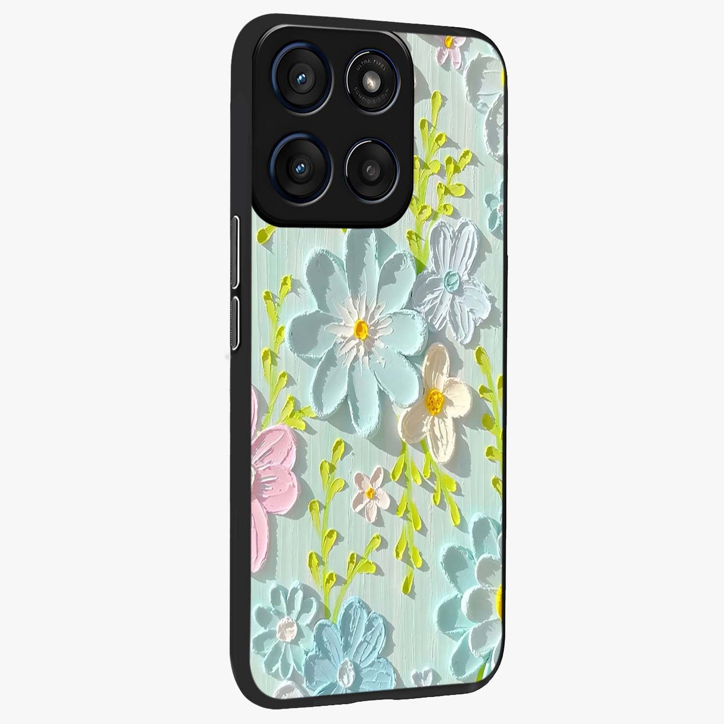 Frosted Petal Garden Glass Case upright view showcasing elegant floral garden artwork with soothing pastel theme.
