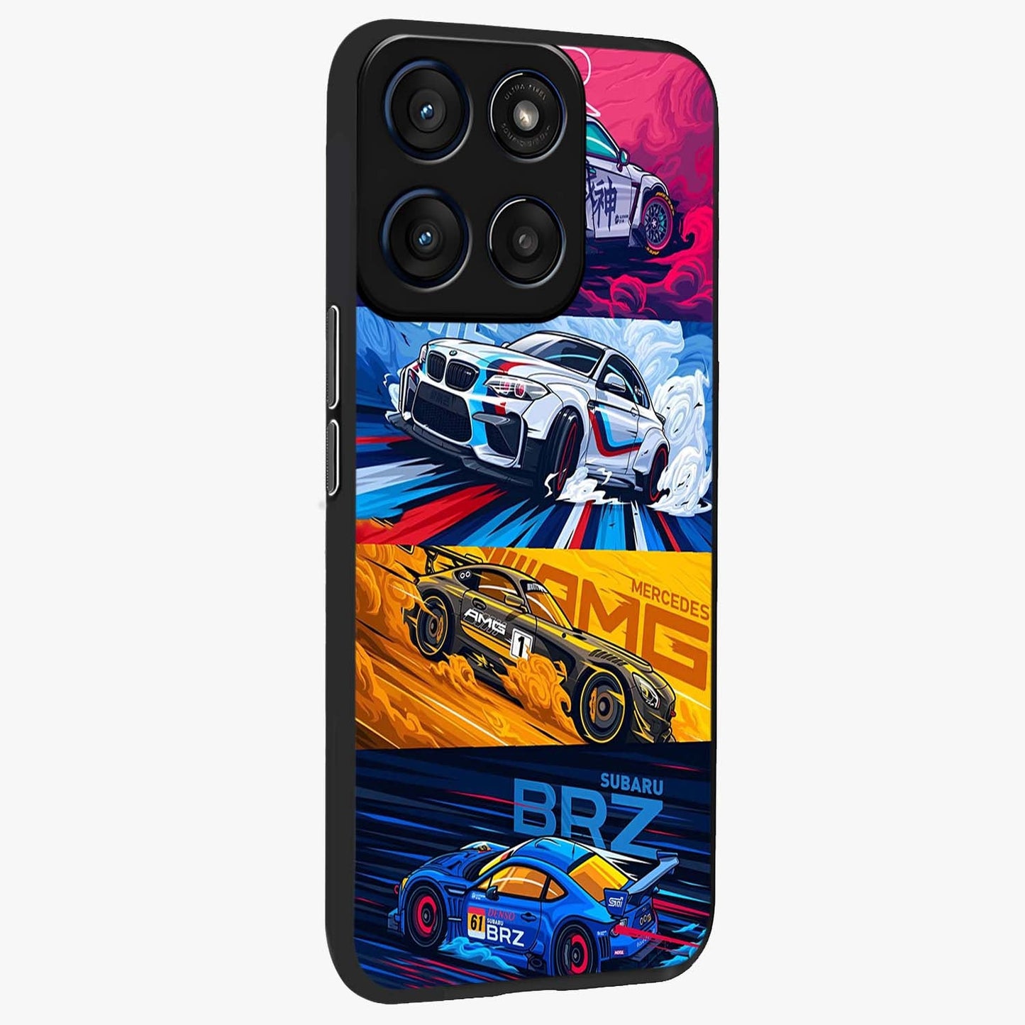 JDM Sports Car Glass Case upright view showcasing dynamic sports car artwork with bold racing theme.