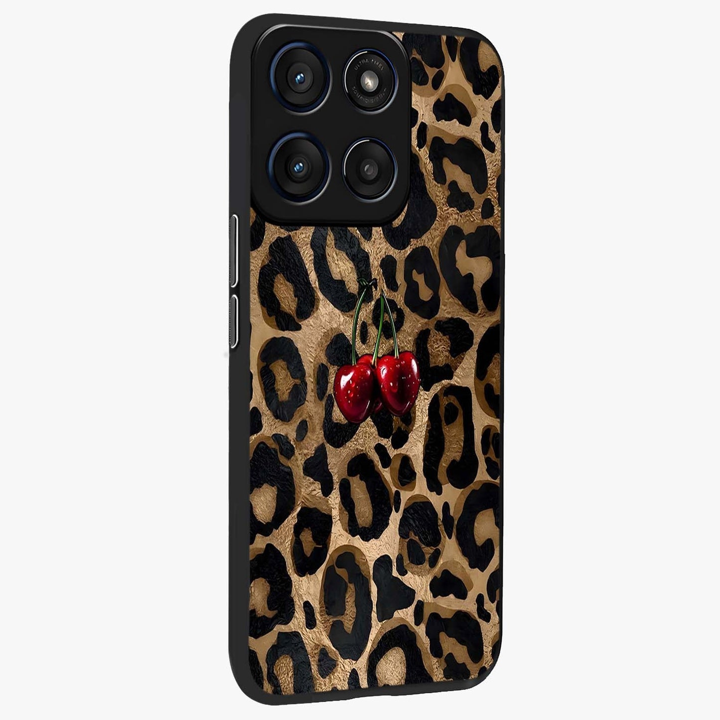Leopard Wild Cherry Glass Case upright view showcasing stylish leopard pattern artwork with trendy fashion theme.