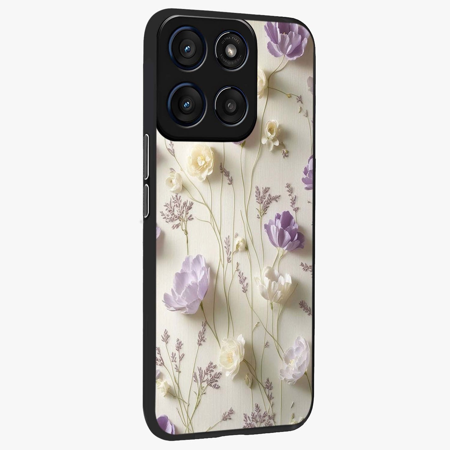 Lilac Breeze Harmony Glass Case upright view showcasing delicate lilac artwork with peaceful floral theme.
