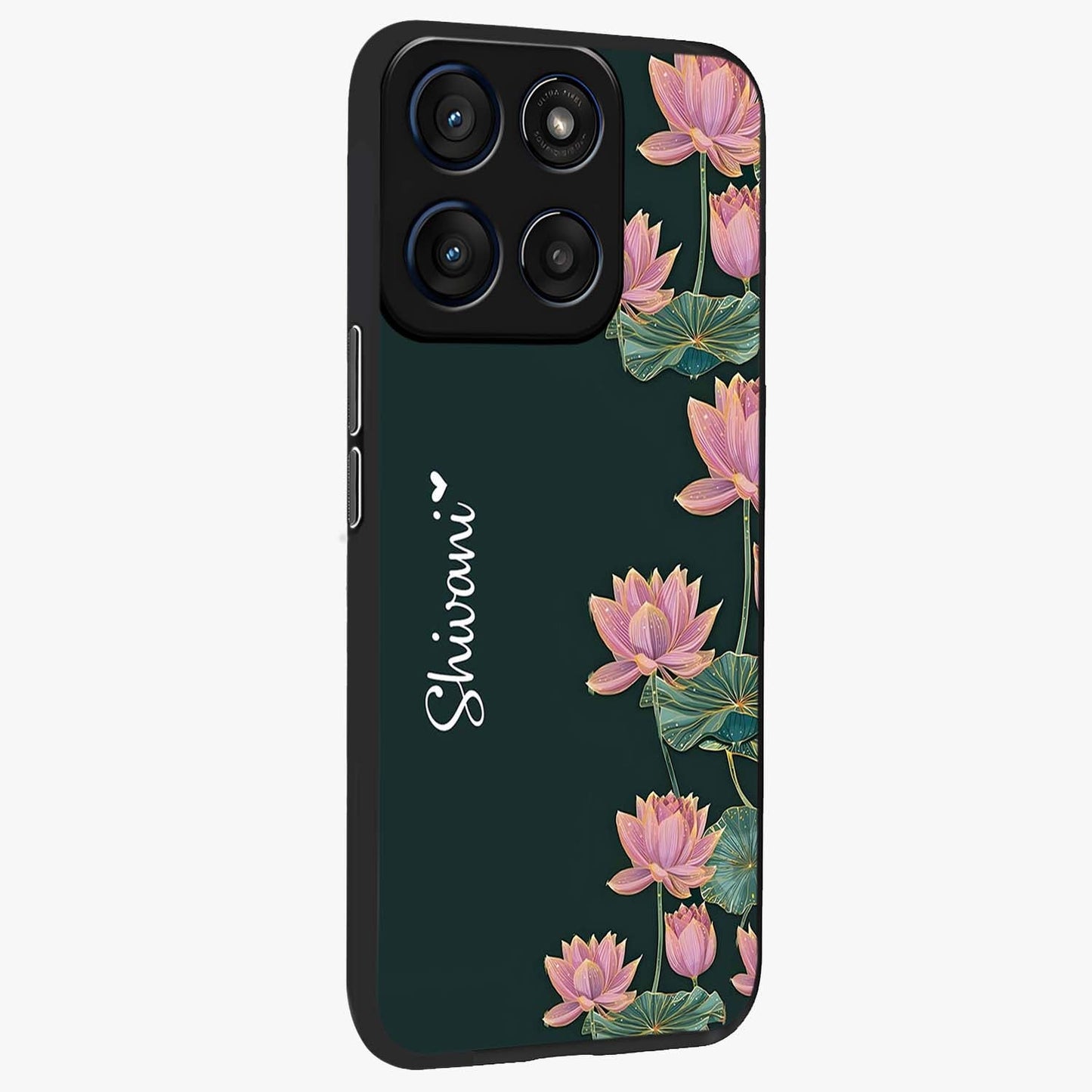 Lotus Bloom Serenity Custom Name Glass Case upright view showcasing serene lotus bloom artwork with personalized floral aesthetic.
