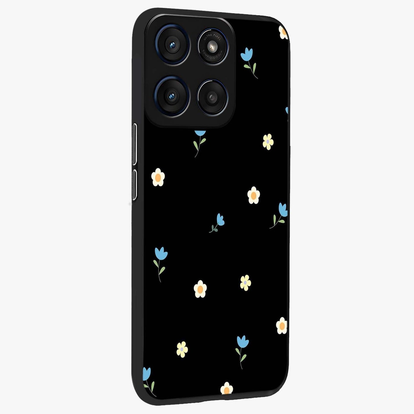 Minimal Petal Whispers Glass Case upright view showcasing elegant floral artwork with modern minimalist style.