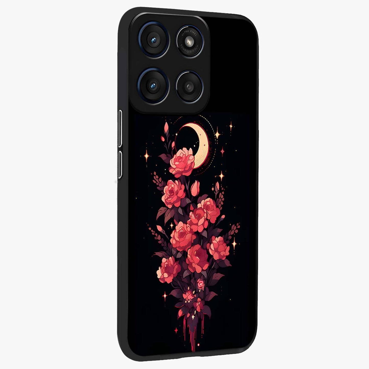 Moonlit Floral Elegance Glass Case upright view showcasing delicate floral artwork with refined night inspired theme.