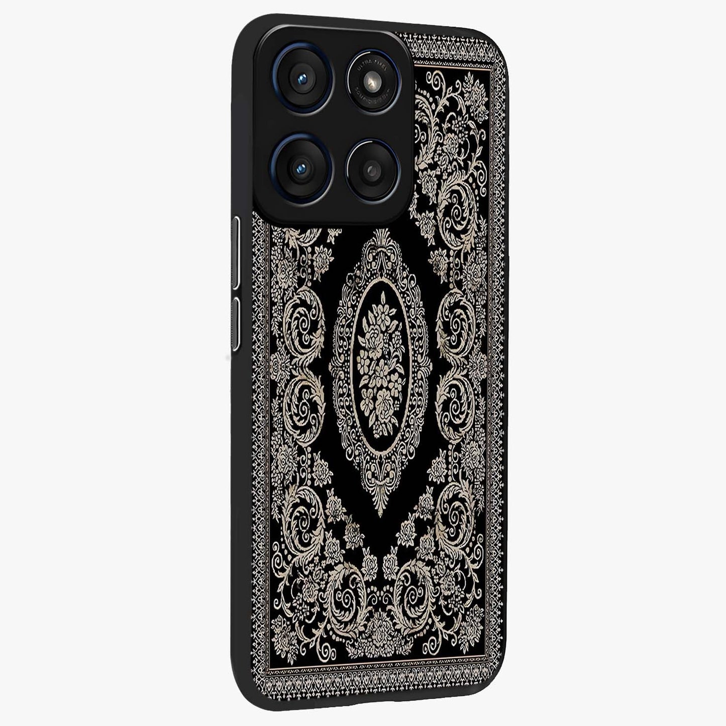 Noir Bloom Elegance Glass Case upright view showcasing graceful floral artwork with luxurious dark theme.