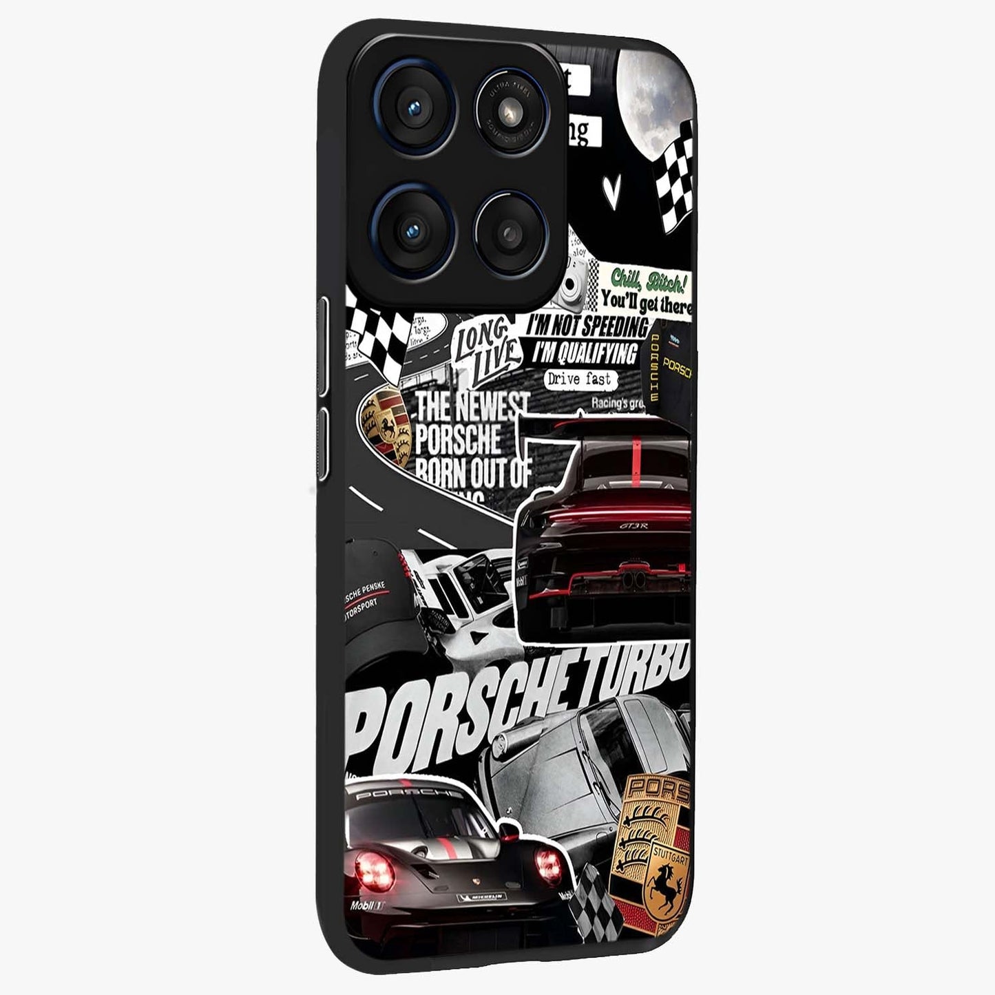 Porsche Racing Collage Glass Case upright view showcasing energetic car collage artwork with high speed racing theme.