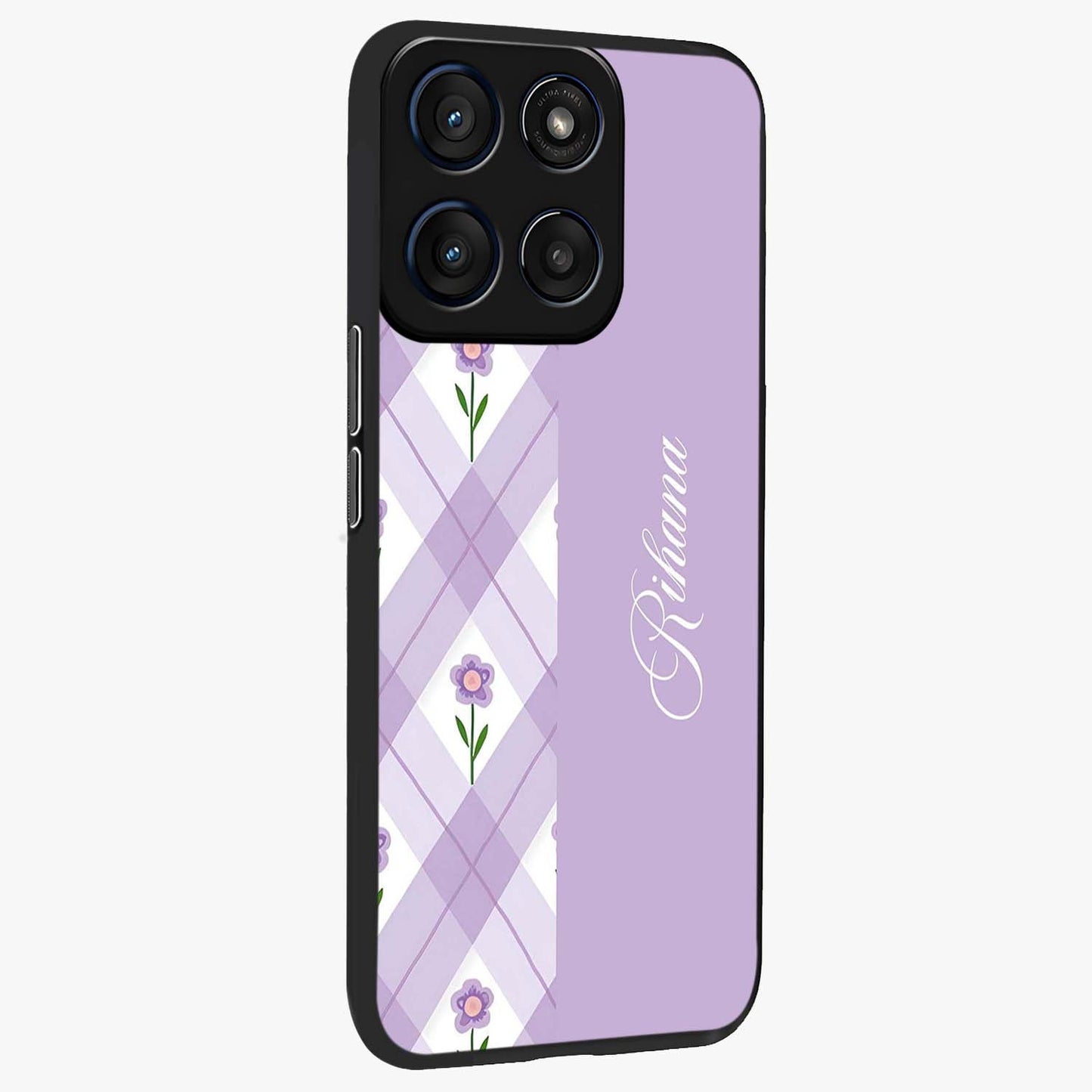 Purple Diamond Floral Glass Case upright view showcasing vibrant floral artwork with stylish geometric theme.